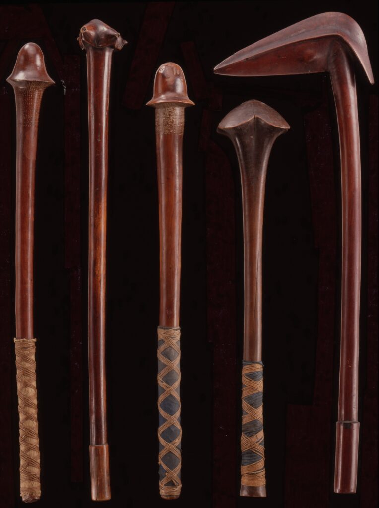 Massues. Kanak, Nouvelle-Calédonie. Bois et fibres végétales. H. 76,5 cm ; 80 cm ; 65,6 cm ; 73 cm ; 79,5 cm. Anc. coll. Josef Müller, acquises avant 1942. Inv. 4711, 4712, 4713, 4715, 4717. Musée Barbier-Mueller. Photo : Studio Ferrazzini Bouchet.